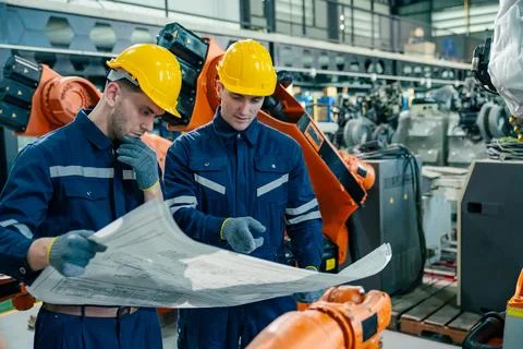 Engineers review blueprints while working with robotic machinery in a moder.. Stock Photos