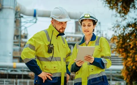 Engineers review project plans on a tablet at an industrial site under clea.. Stock Photos