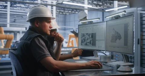 Engineers Reviewing 3D Car Chassis Design at Smart Factory PC Stock Footage 344397003