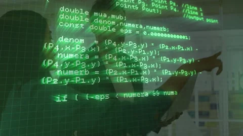 Engineers reviewing polyline code on screen after woman pointing HTTP requests Stock Footage 317869106