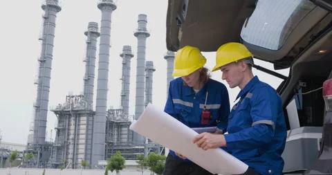 Engineers Reviewing Technical Blueprints And Facility Schematics At Industr.. Stock Footage 335670819