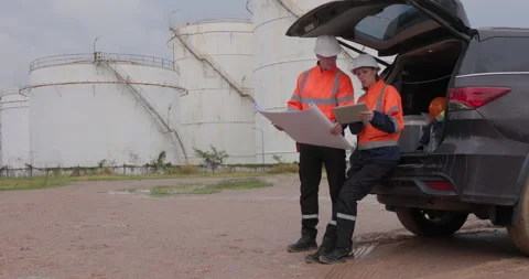 Engineers Reviewing Technical Blueprints At Industrial Petroleum Storage Fa.. Stock Footage 335671135