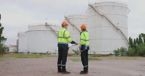 Engineers Reviewing Technical Blueprints In Industrial Storage Facility Med.. Stock Footage 336245437