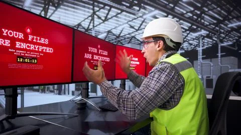 Engineer's Sad Face After Ransomware Attack On Computer Assembly Industry 库存照片