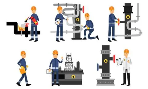 Engineers, Scientists And Workers Characters In The Oil Industry At Different Stock Illustration