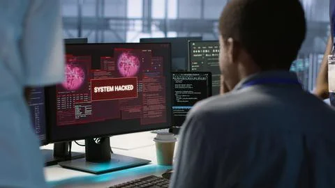 Engineers seeing system hacked popup on PC screen in data center Stock Photos