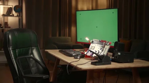 Engineer'S Table With Computer And Mainboard, Mock Up Green Screen Display Stock Footage 158692456