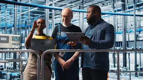 Engineers talk with manager overseeing smart factory, showing collected metrics 写真素材