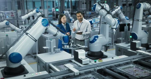 Engineers Talking Next to Robotic Assembly Line Stock Footage 320874070