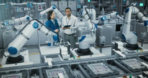 Engineers Talking Next to Robotic Assembly Line Stock Footage 320874090