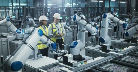 Engineers Talking Next to Robotic Assembly Line Stock Footage 320874147