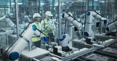 Engineers Talking Next to Robotic Assembly Line Stock Footage 320874273