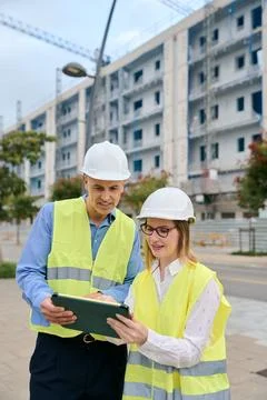 Engineers team discussing construction plans on tablet Stock Photos