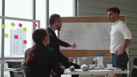 The engineer's team is meeting to discuss work creation in the workroom. Stock Footage 140033573