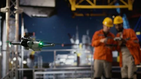 Engineers technicians using drone for remote operations and aerial mapping Stock Photos