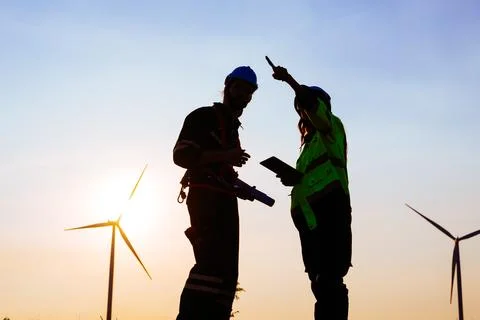 Engineers technicians working with teamwork at wind turbine field Stock-Fotos