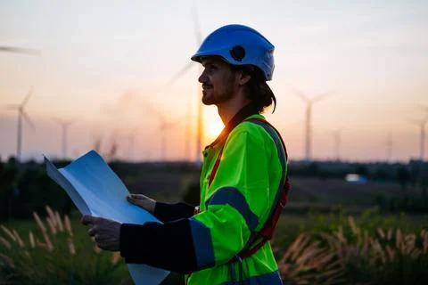 Engineers technicians working with teamwork at wind turbine field Stock Photos