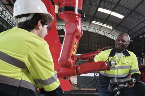The Engineers test and control robotic arm in mechanical manufacturing factory. Stock Photos