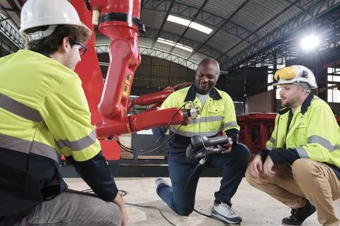 The Engineers test and control robotic arm in mechanical manufacturing factory. Stock Photos
