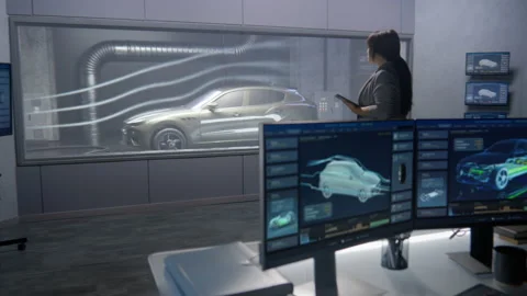 Engineers testing the aerodynamic properties of a car in a laboratory Stock Footage 225272495