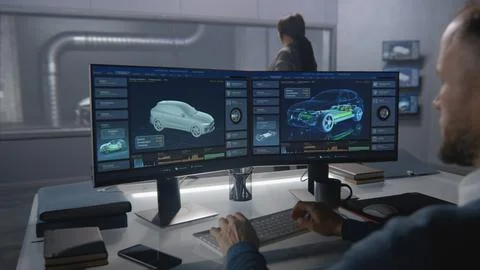 Engineers testing the aerodynamic properties of a car in a laboratory Stock Photos