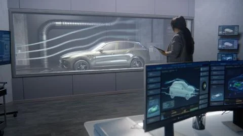 Engineers testing the aerodynamic properties of a car in a laboratory Stock Photos