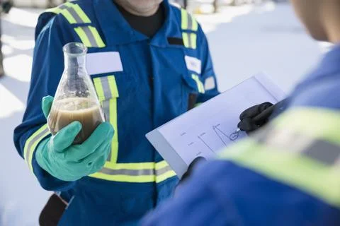 Engineers testing recording liquid in beaker gas plant Stock Photos