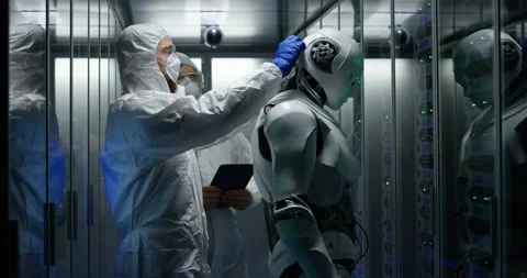 Engineers testing on robot controls Stock Footage 101659184