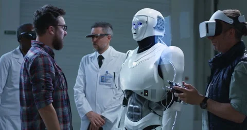 Engineers testing robots hand gestures Stock Footage 120265292