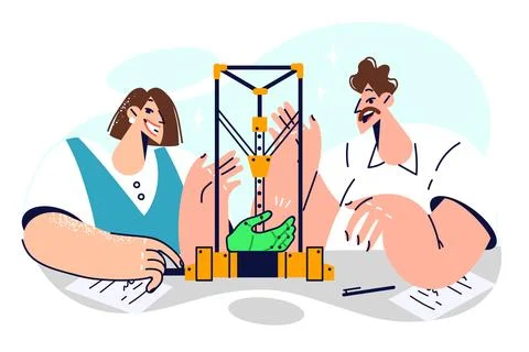 Engineers use 3d printer to create experimental scientific samples and smile Stock Illustration