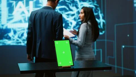 Engineers use green screen tablet and AI neural networks to look at data Foto stock
