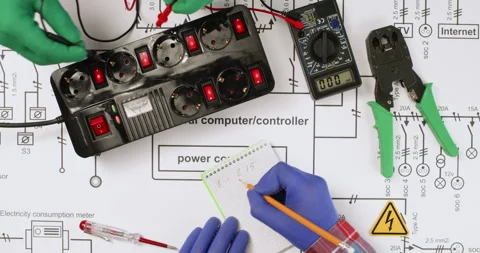 Engineers use multimeter and socket extension on plans 스톡 동영상 277337983
