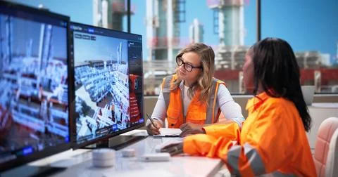 Engineers Use SCADA Software On Computers To Monitor Refinery Pipelines. 스톡 사진