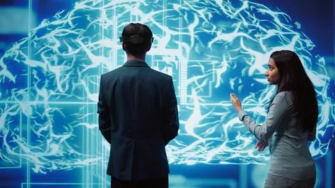 Engineers use VR headset and AR hologram, looking at AI neural networks 写真素材