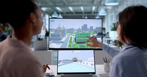 Engineers Using GIS Mapping Technology To Design Construction Project Softwar Stock Photos