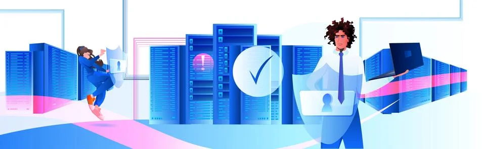 Engineers using laptop database server protection big data privacy security Stock Illustration