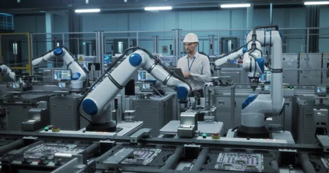 Engineers Using Laptop at Robotic Assembly Line Stock Footage 320874333