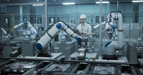Engineers Using Laptop at Robotic Assembly Line Stock Footage 320874344