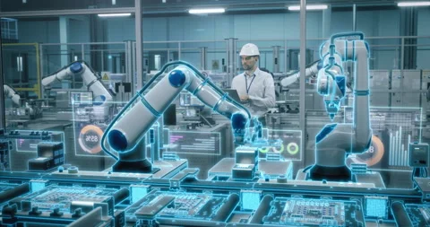 Engineers Using Laptop at Robotic Assembly Line Stock Footage 320874403
