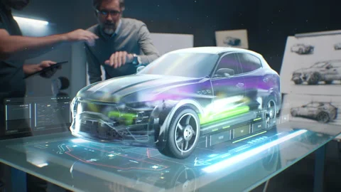 Engineers using tablet with holographic innovative application Stock Footage 219561161