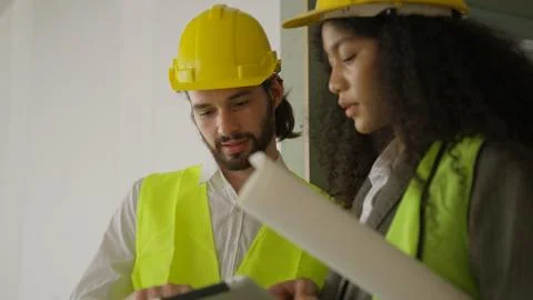 Engineers using tablet talking and brainstorming together on construction site Stock Photos