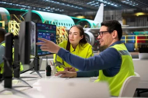 Engineers Utilizing CAD Models On Computer In Aerospace Manufacturing Facilit Stock Photos