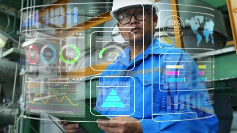 Engineers view data analyzed by an AI system on an industrial holographic screen Stock Footage 323305459