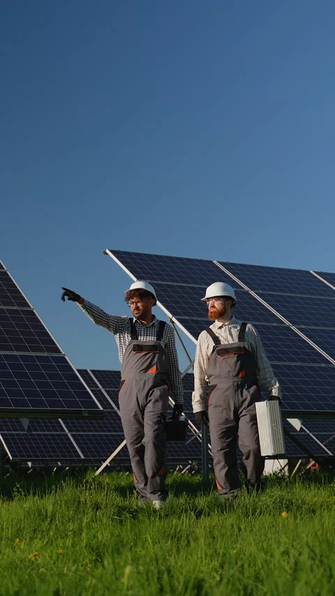 Engineers walking and pointing at solar panels in field Stock-Footage 314410763