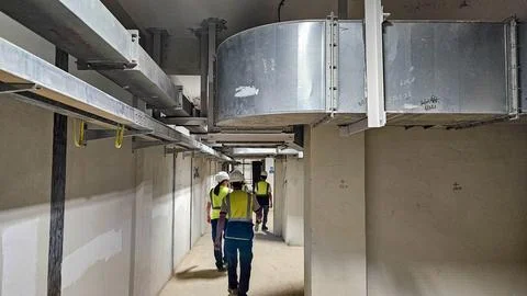 Engineers walking through technical corridor with pipes and ventilation Stock Photos