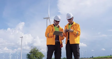 Engineers at wind farm use tablet, drone to inspect turbine structure verify Stock Footage 325845236
