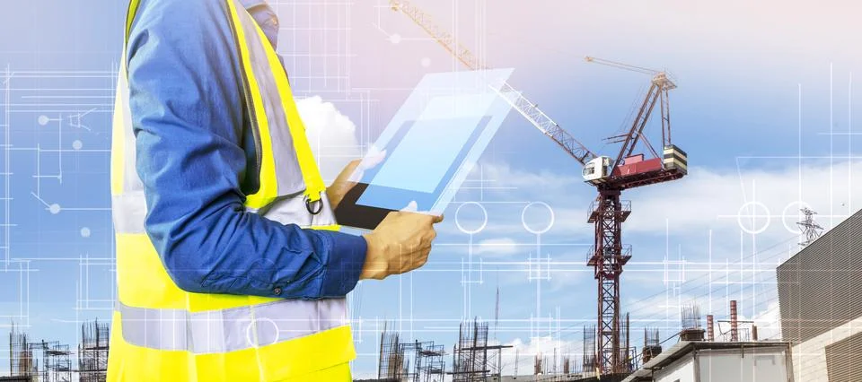 Engineers work on construction drawings and safety systems.,Building constr.. Fotos de archivo