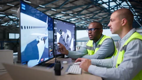 Engineers Working With 3D Plane Engine Model Stock Footage 336369317
