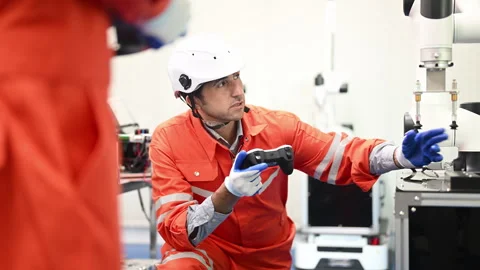 Engineers working and solving problems on machine Stock Footage 241523279