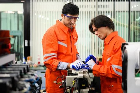 Engineers working and solving problems on machine at industrial plant Stock Photos